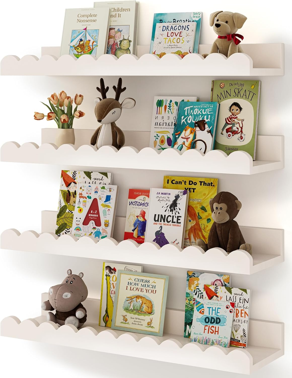 Shario Scalloped Nursery Book Shelves, 4-Pack White Floating Wall Shelves