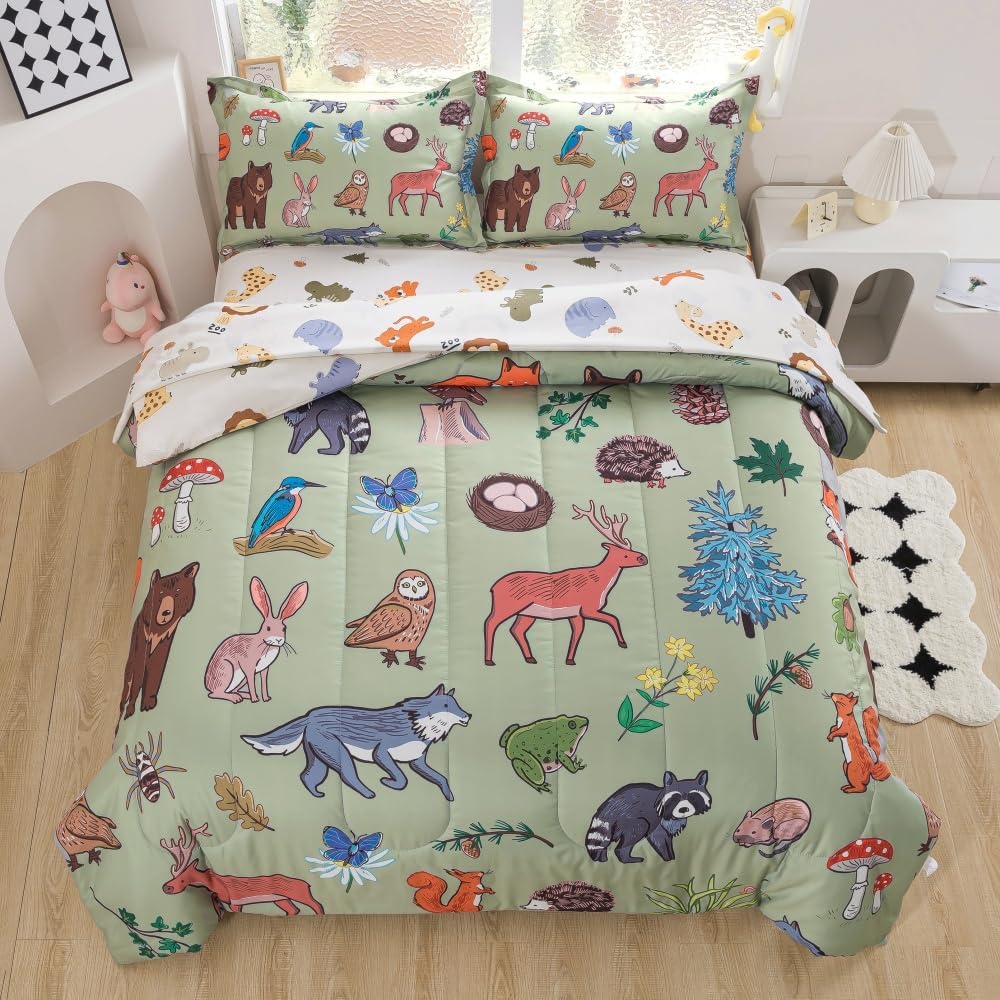 lishjekee 5 Piece Wild Animal Comforter Set, Twin, Bed in a Bag for Kids