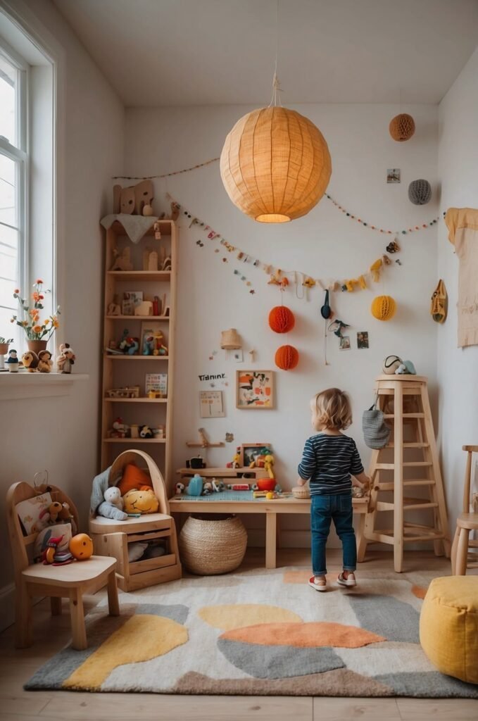 Toddler playing at a low wooden table with a paper lantern pendant light, garlands, shelving and a colorful geometric rug