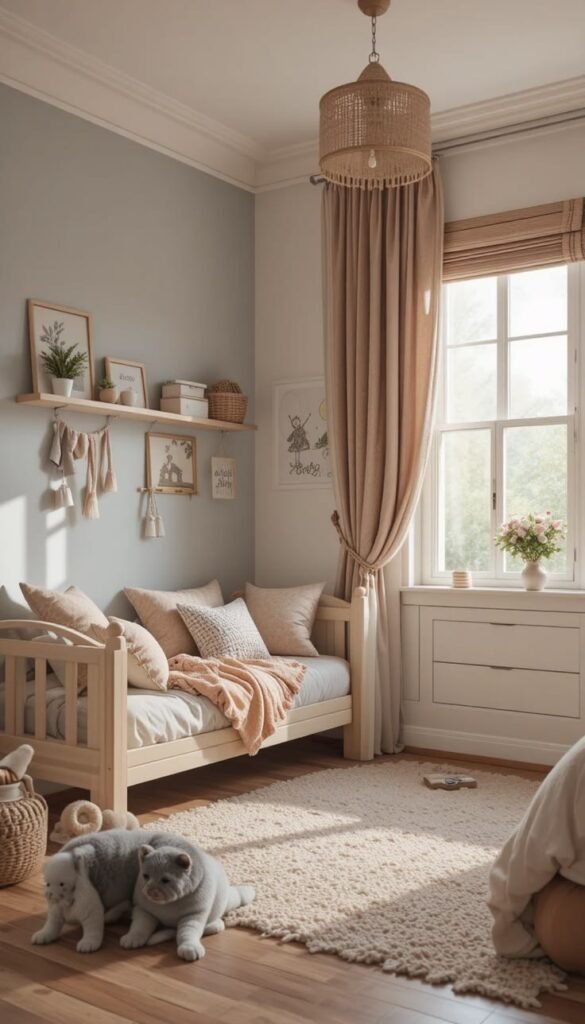 Cream toddler daybed with soft pillows and a knit throw beneath a floating shelf, next to a tall curtained window with warm afternoon light