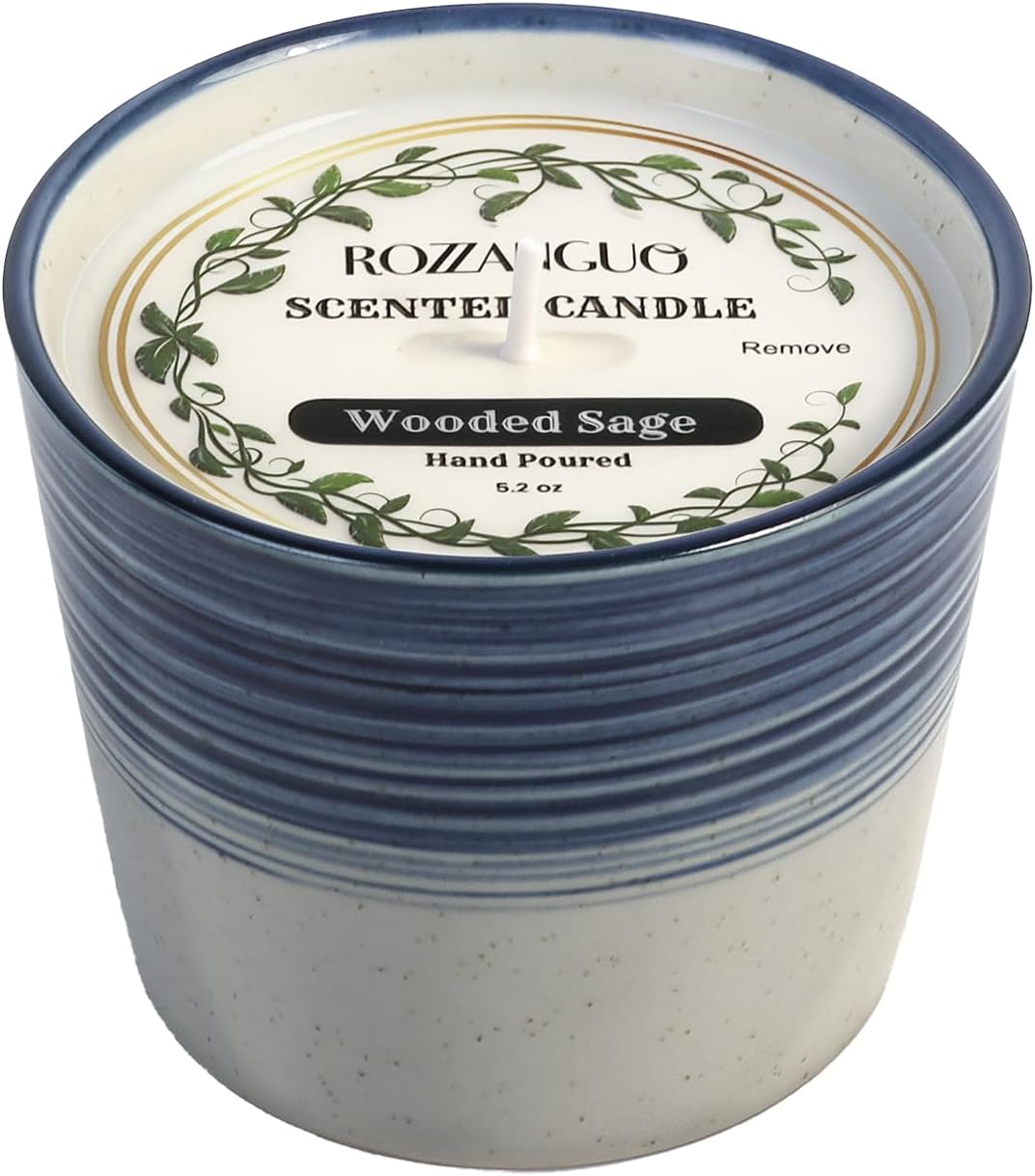 Luxury Textured Ceramic Jar Scented Candle | Non Toxic 100% Natural Coconut & Soy Wax Blend Cotton Wick | 5.2oz | Hand Poured Highly Scented Long - Lasting | Navy Blue | (Wooded Sage)