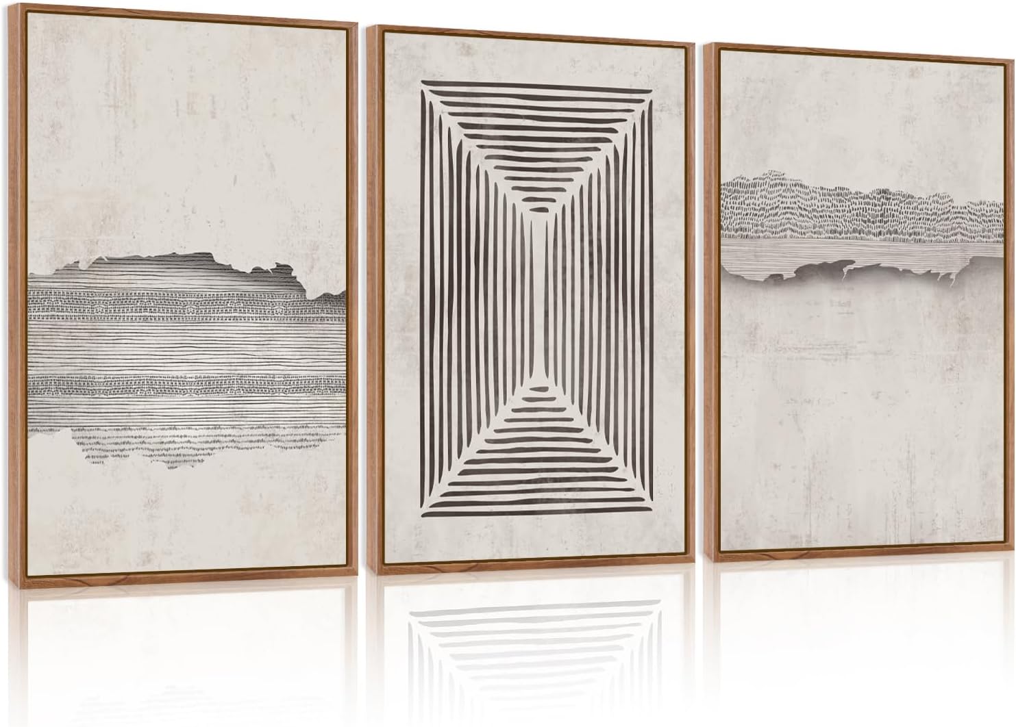 CHDITB Modern Abstract Neutral Framed Canvas Wall Art Set, Black and Beige, Minimalist Decor