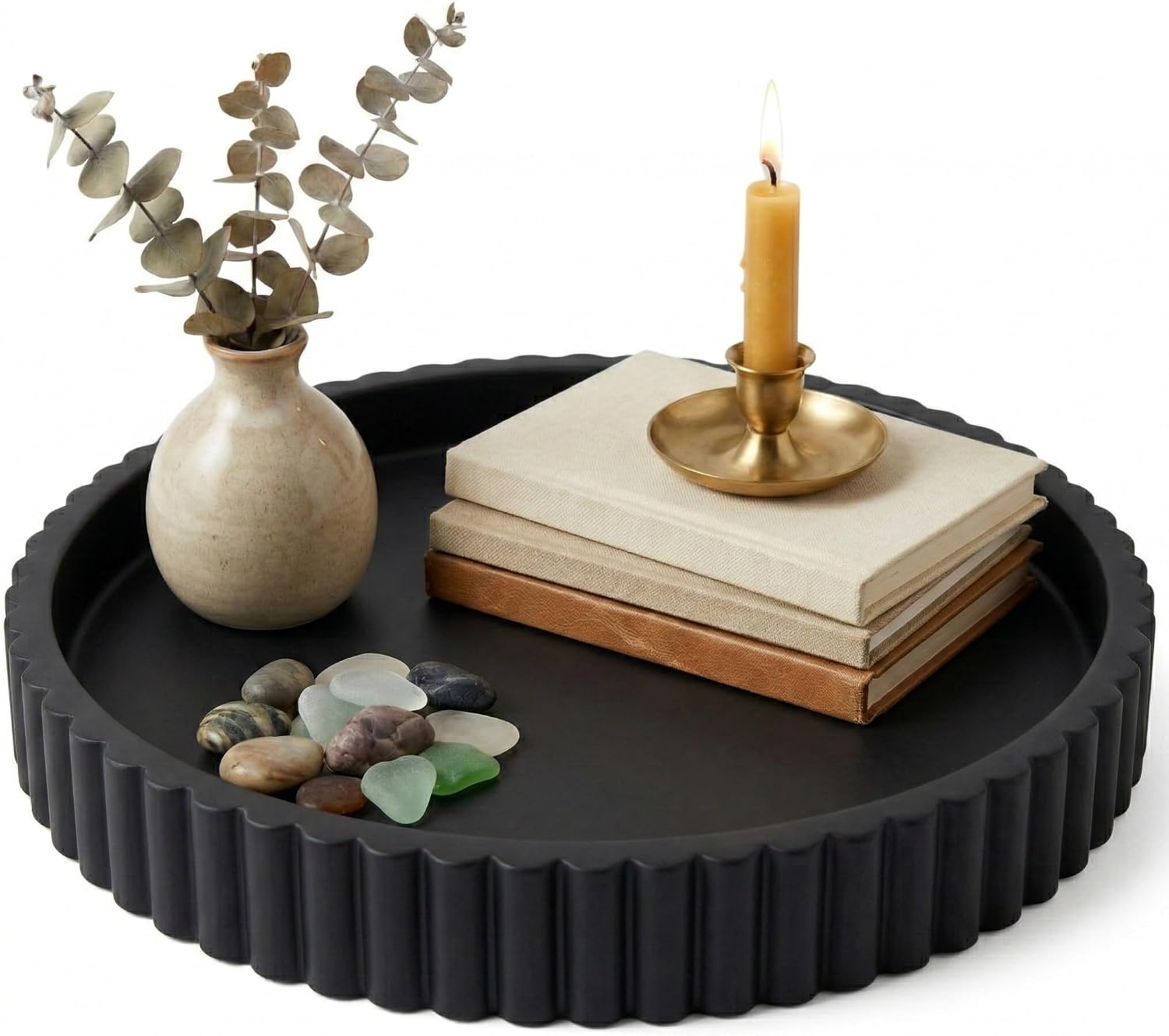 OAKOA Black Round Decorative Tray, Fluted Edge Centerpiece Tray