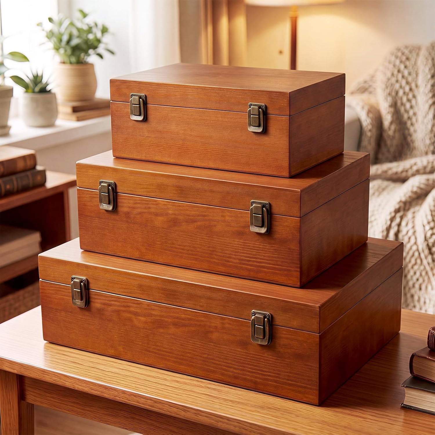Sliner 3 Pcs Wooden Decorative Storage Boxes with Lids, Vintage Wood Bins for Shelves