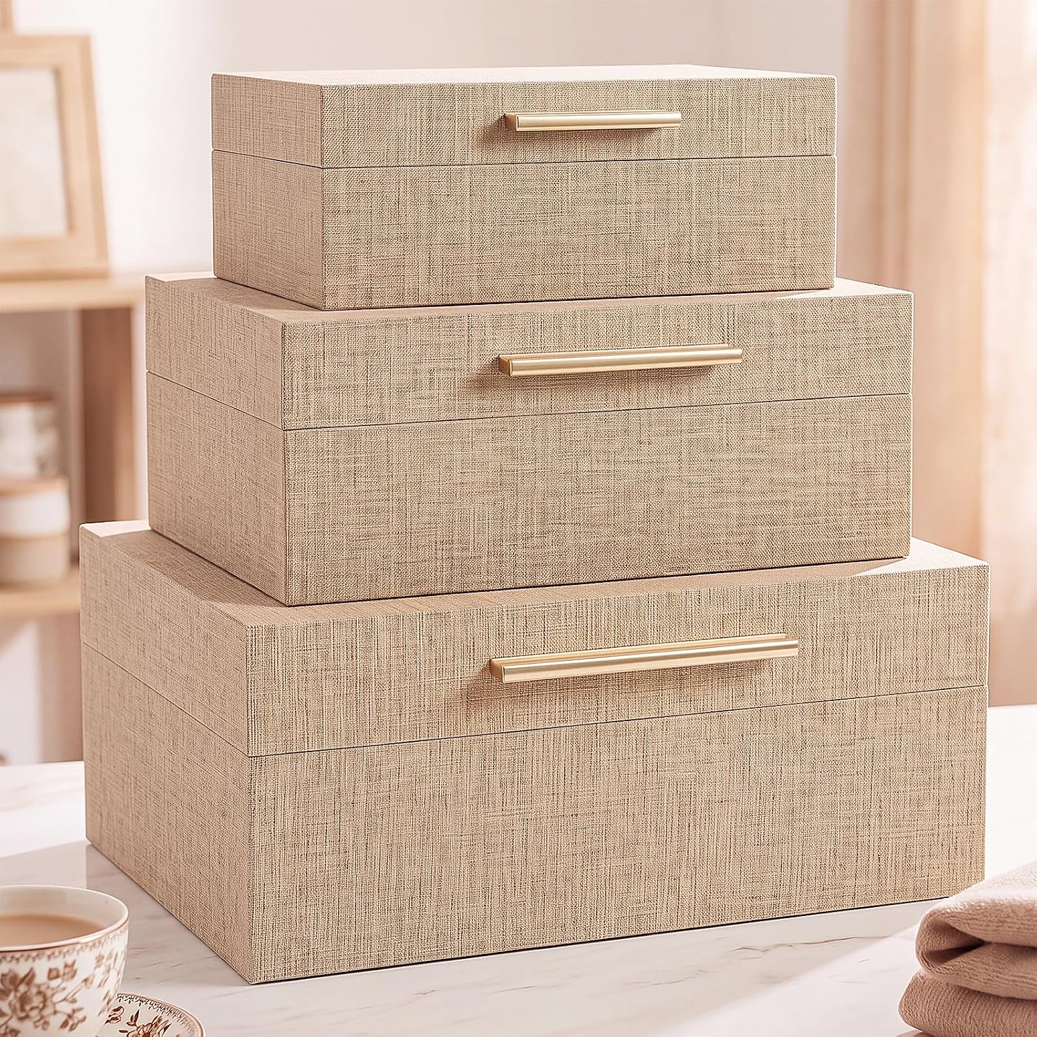 Novabright Decorative Storage Boxes with Lids, Set of 3, Natural Linen