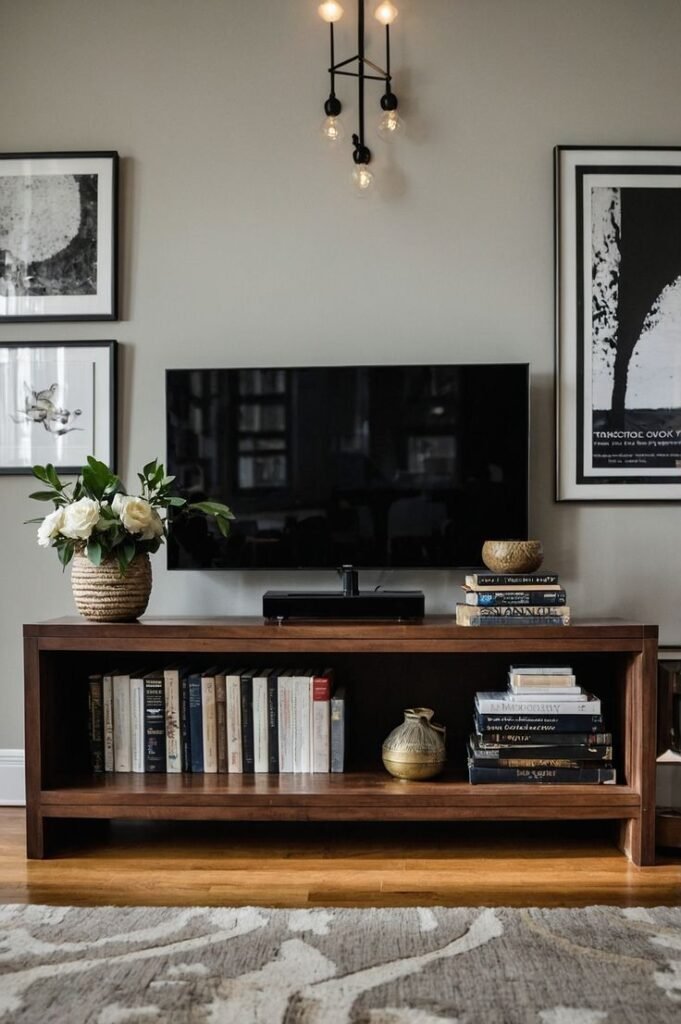 Stacked books styled for height and personality on a TV stand