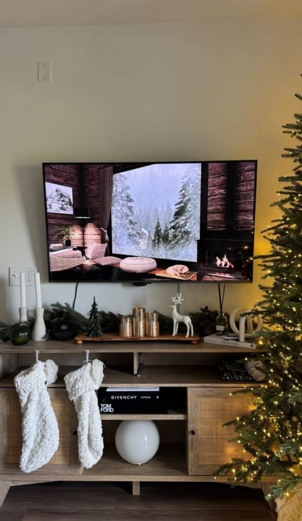 Decorative tray organizing remotes and small objects on a TV stand