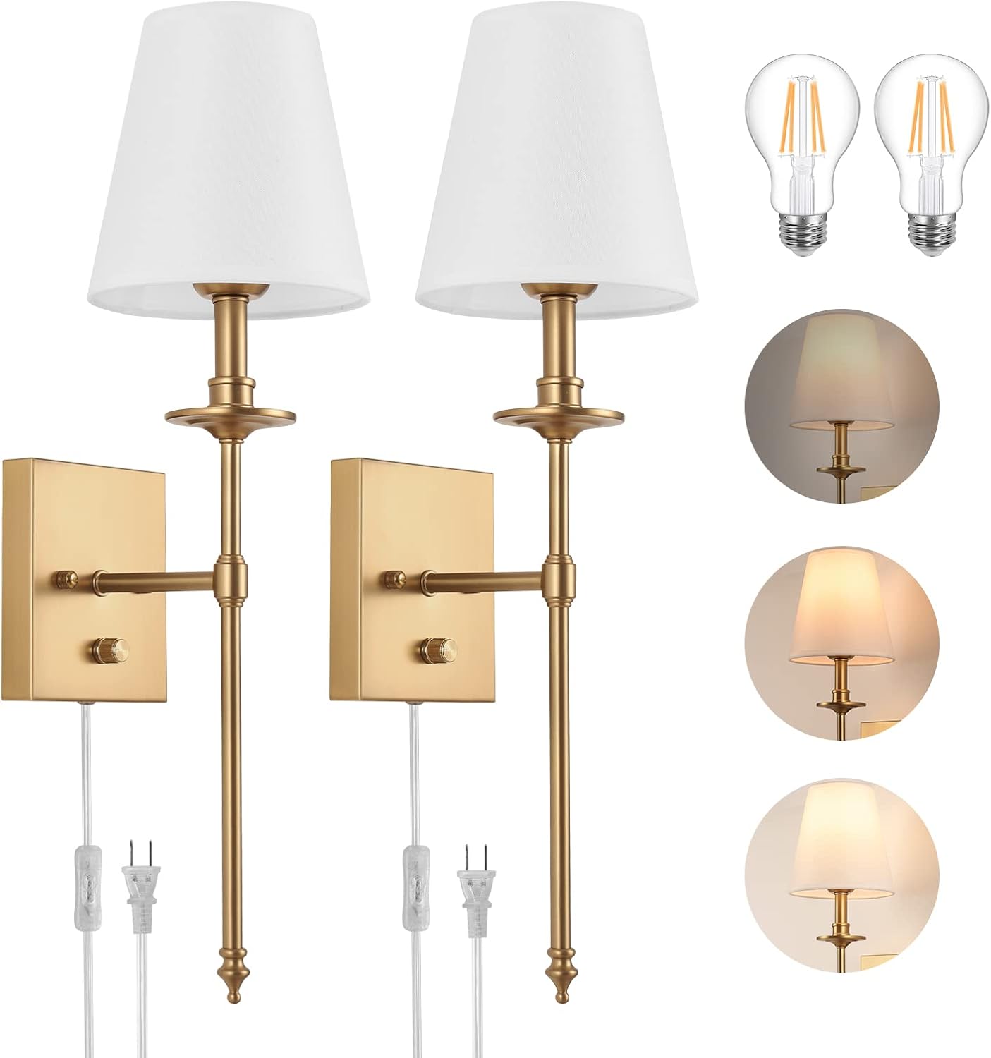 Dimmable Plug-In Wall Sconces Set of Two, White Fabric Shade, Brass