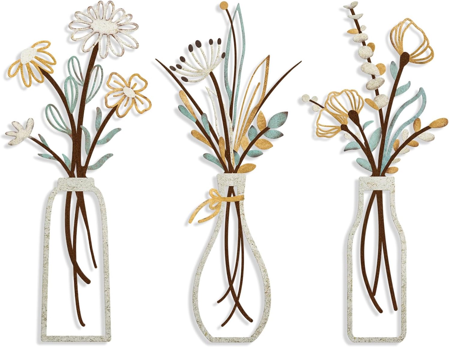 Pigort 3 Piece Metal Flowers Wall Art, Rustic Farmhouse Minimalist Decor