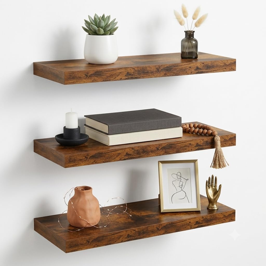 Brown Floating Shelves Set of 3, Easy Install, 15.7 Inch Wall Mount Shelf