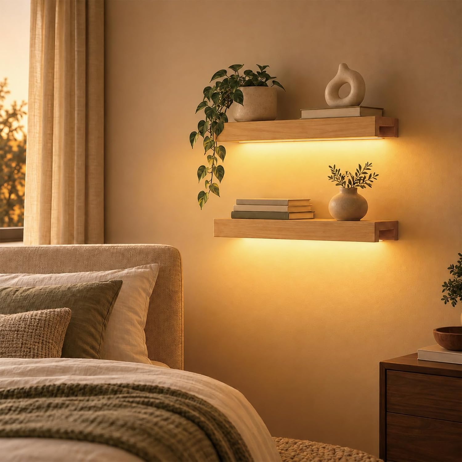 Vieshful Floating Shelves with LED Lights, 2 Pack, Pine Wood Wall Shelf