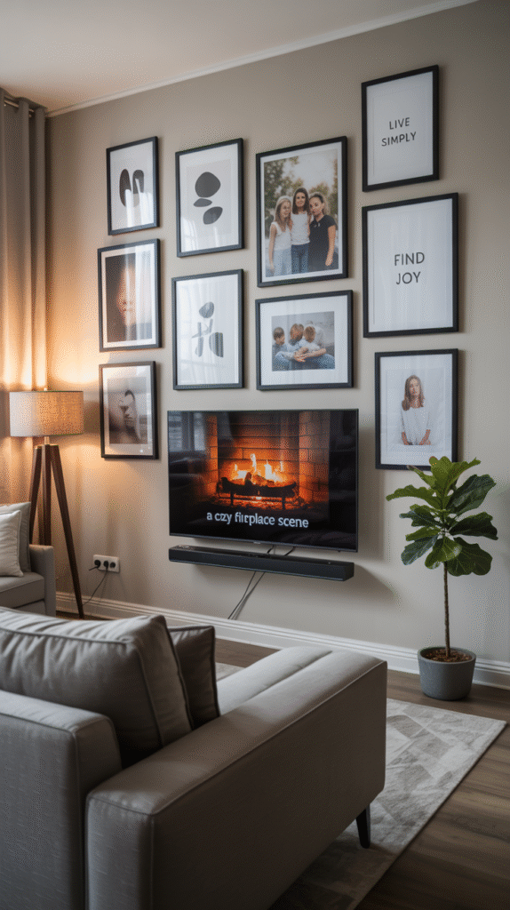 Gallery wall of framed art surrounding a mounted TV