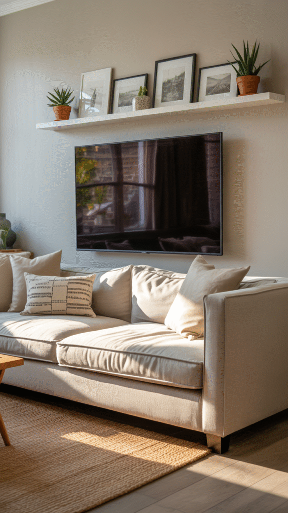 Picture ledges displaying art and photos near a mounted TV