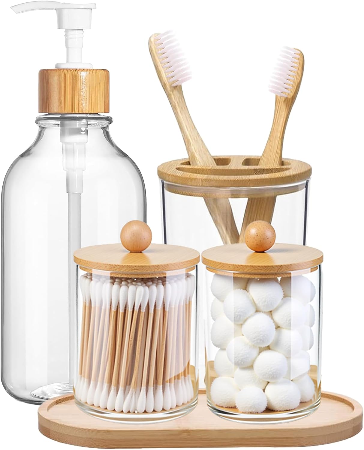5 Pack Bamboo Bathroom Accessories Set with Tray, Soap Dispenser, Toothbrush Holder, Jars