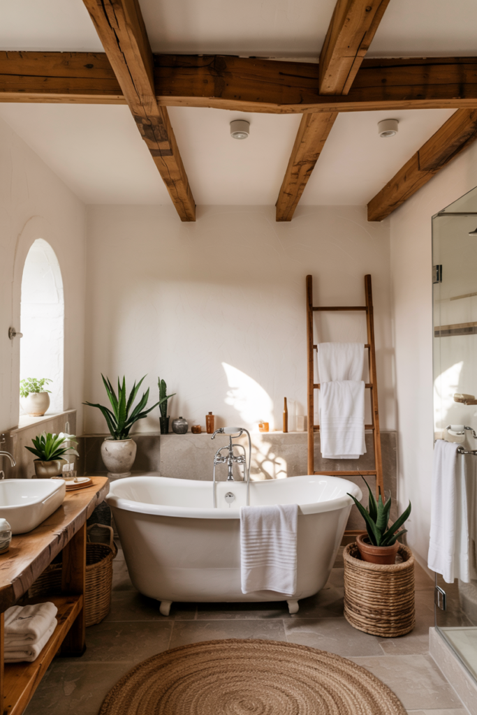 Exposed wooden beams bringing rustic warmth to the ceiling