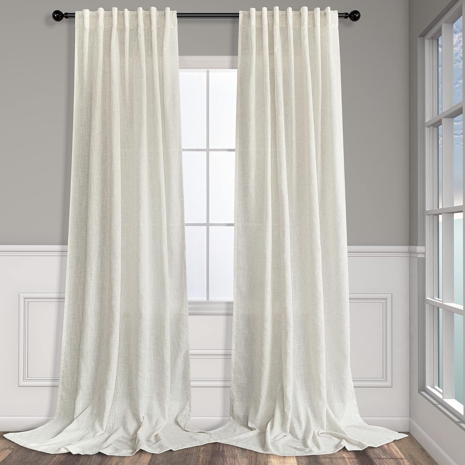Natural Linen Back Tab Curtains 84 Inch Length for Living Room, 2 Panel Pocket Drape, Light Filtering Semi Sheer Neutral Country Rustic Farmhouse Boho Curtain, Ivory Cream Colored