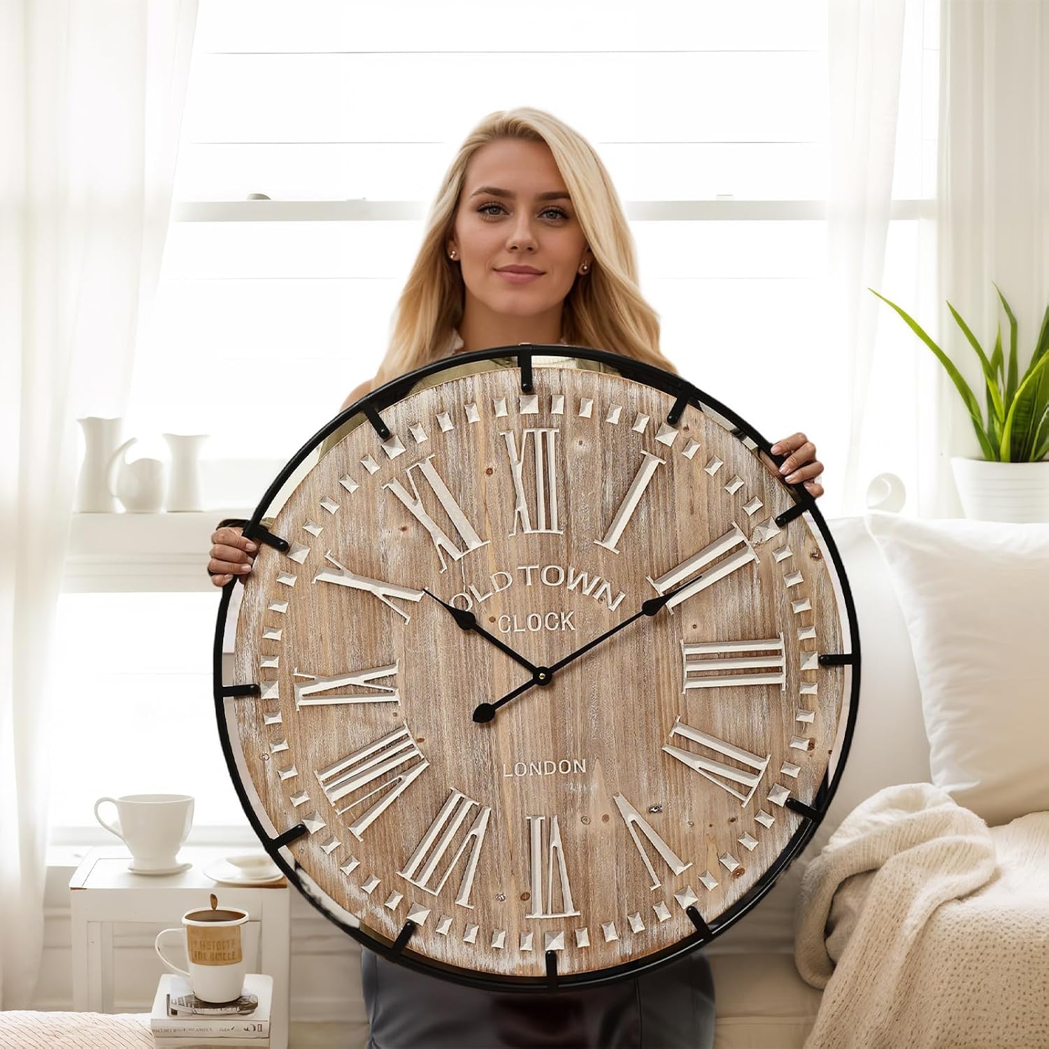 EMAX HOME 30 Inch Extra Large Wall Clock - Farmhouse Rustic Wood & Metal Design, Silent Non-Ticking Battery Operated Decorative Oversized Clock for Living Room, Kitchen, Office & Bedroom
