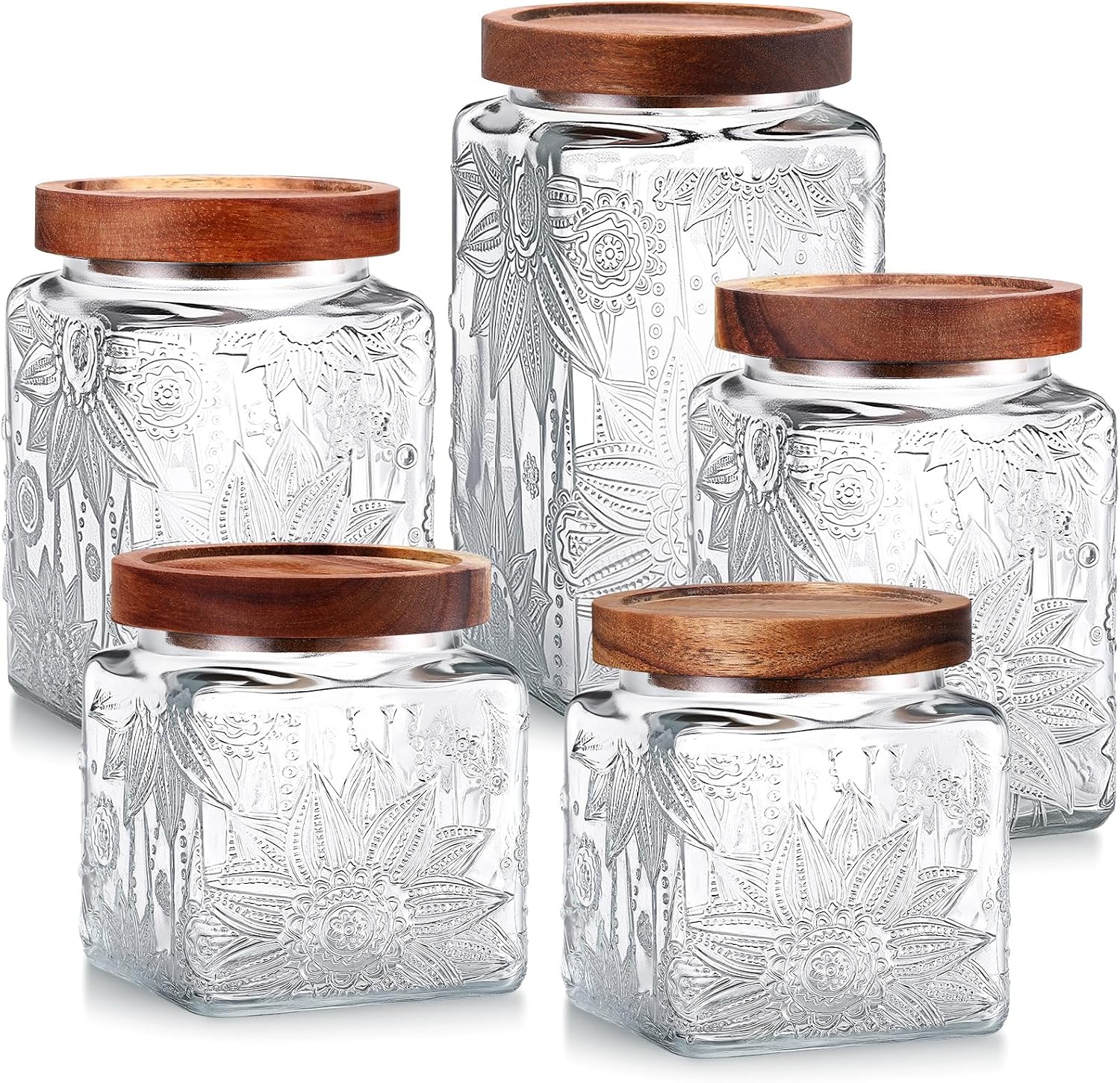 Suclain 5 Pcs Sunflower Vintage Glass Jars, Airtight Lid, 17/24/34 oz, Square