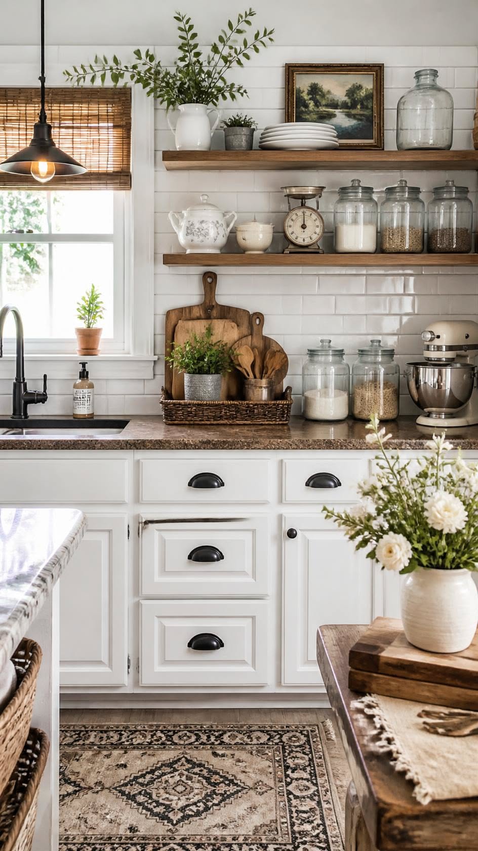 White farmhouse kitchen with open wood shelves, glass canisters, a vintage scale and black cup-pull hardware