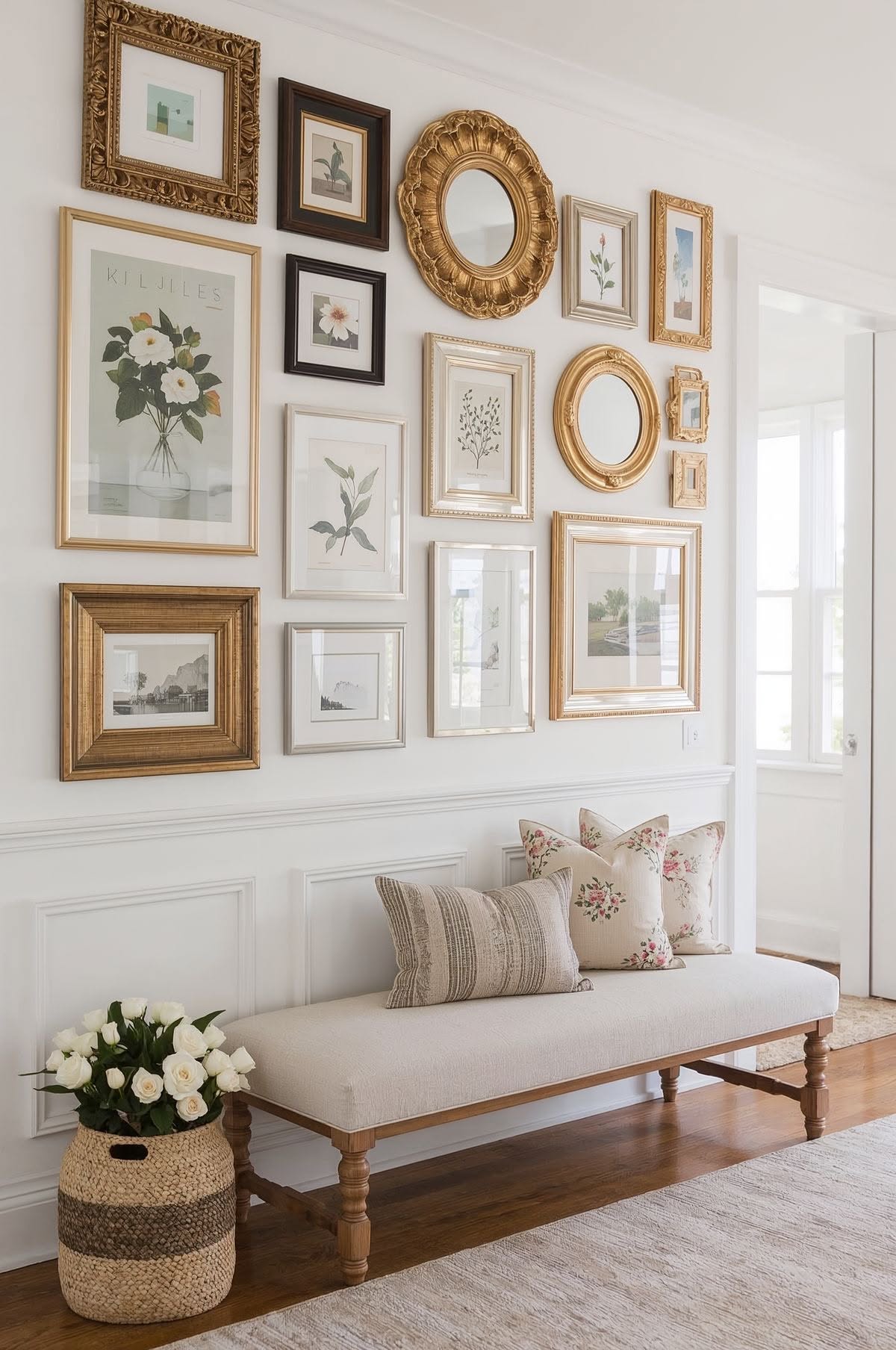Entryway bench beneath a large gallery wall of gold vintage frames and mirrors with floral pillows and roses