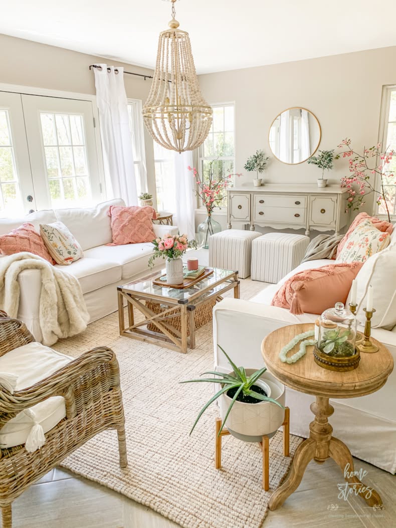 Living room with a wood bead chandelier, blush pillows and curtains, a wicker chair and a round wood side table