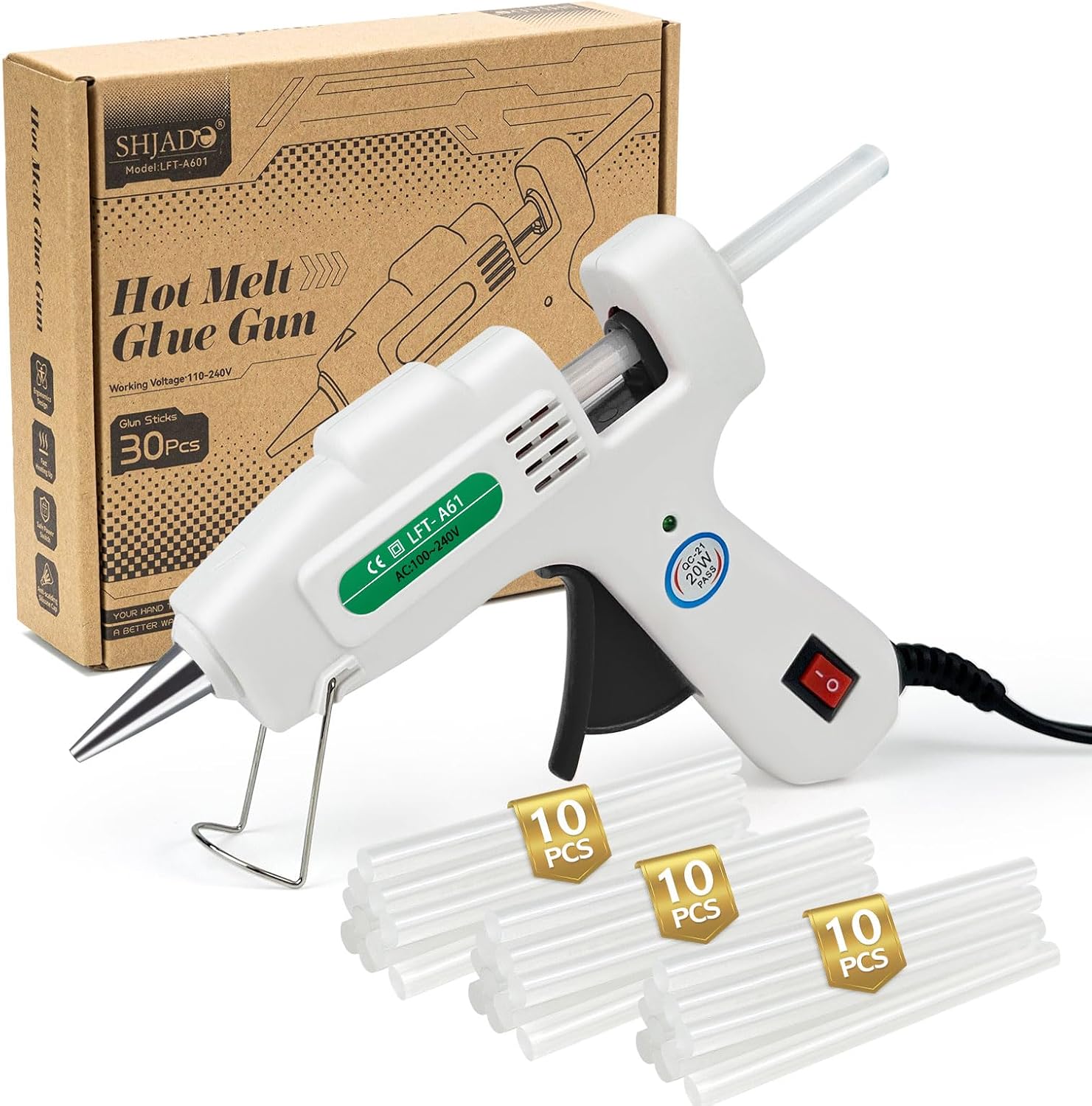 SHJADE Mini Hot Glue Gun Kit with 30 Glue Sticks, 20W, White