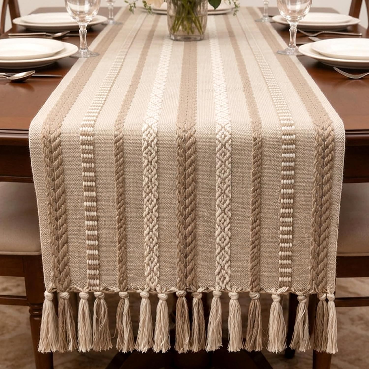 Encasa Boho Cotton Table Runner, Woven Jacquard with Tassels, Beige, 13 x 118 Inch