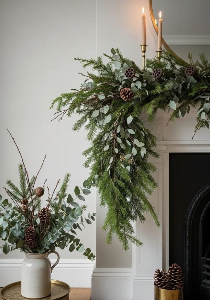 Felt garland draped across a mantel for winter decor