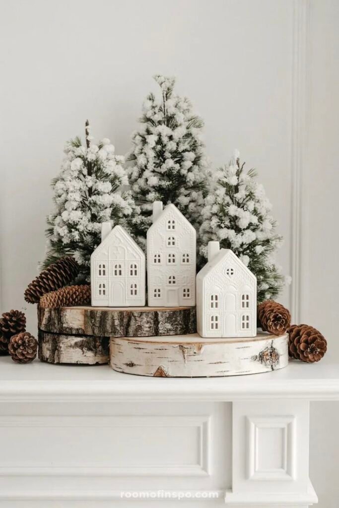 Winter fireplace mantel decor styled for the whole season