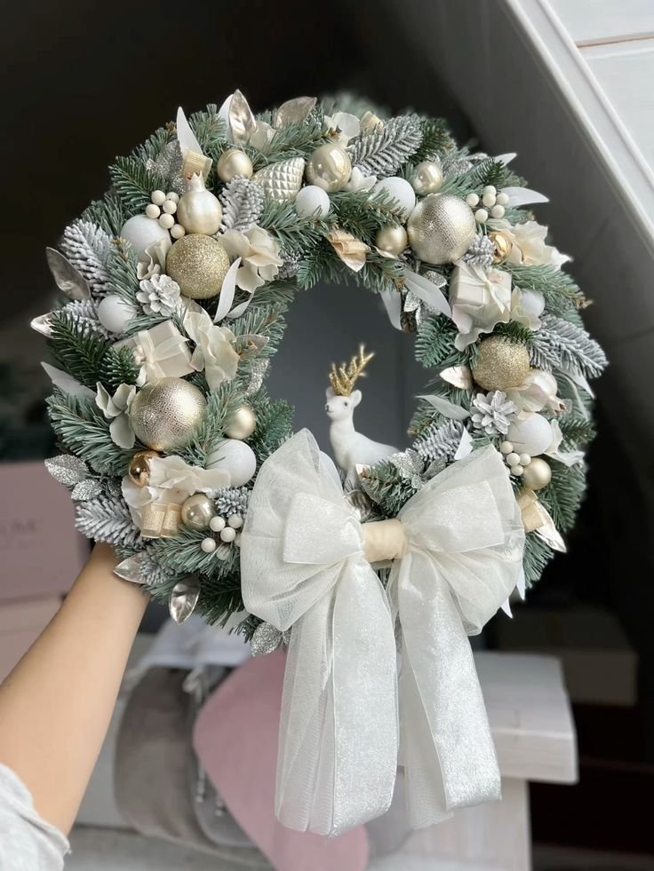 Chunky yarn winter wreath styled with a winter theme