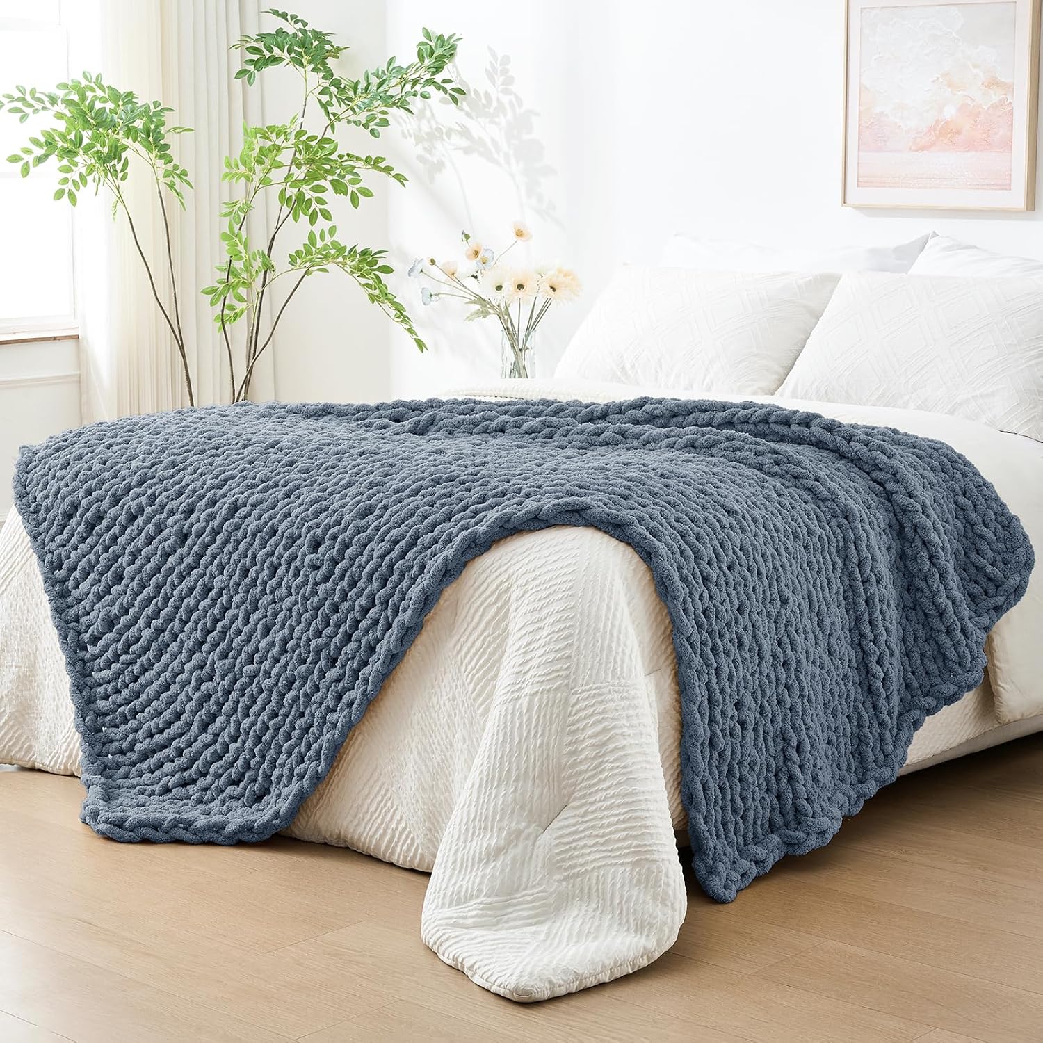 Bigacogo Chunky Knit Throw Blanket for Couch, 51 x 63 Inch, Cold Sea Blue