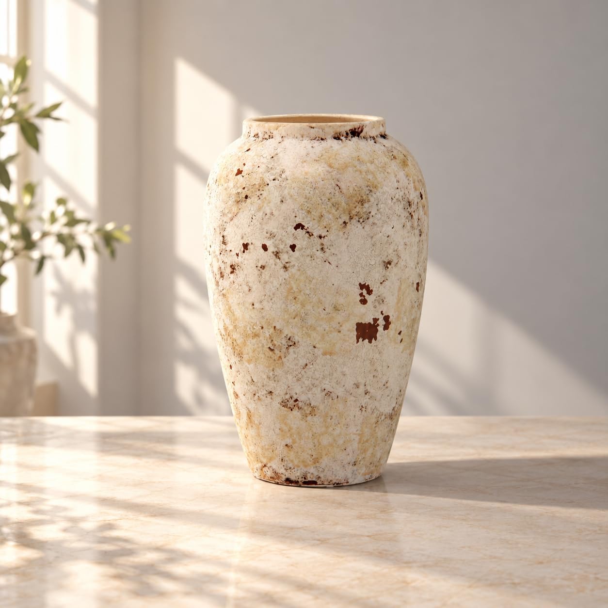 Tall Ceramic Jar Vase, 11 Inch, Rustic Textured Decorative Vase