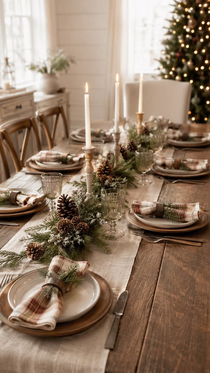 Dining table styled with a soft winter centerpiece