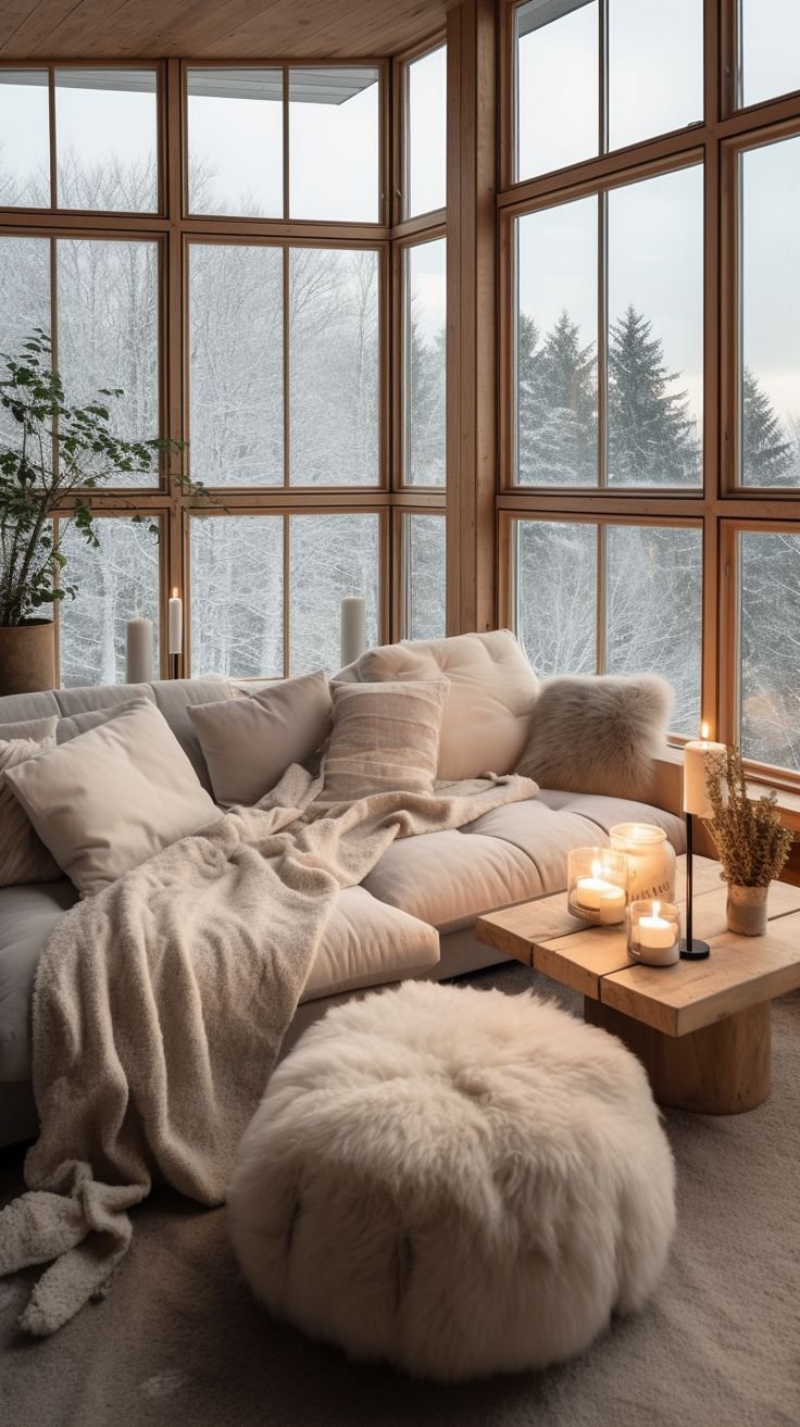 Warm, layered winter living room with soft lighting and natural textures