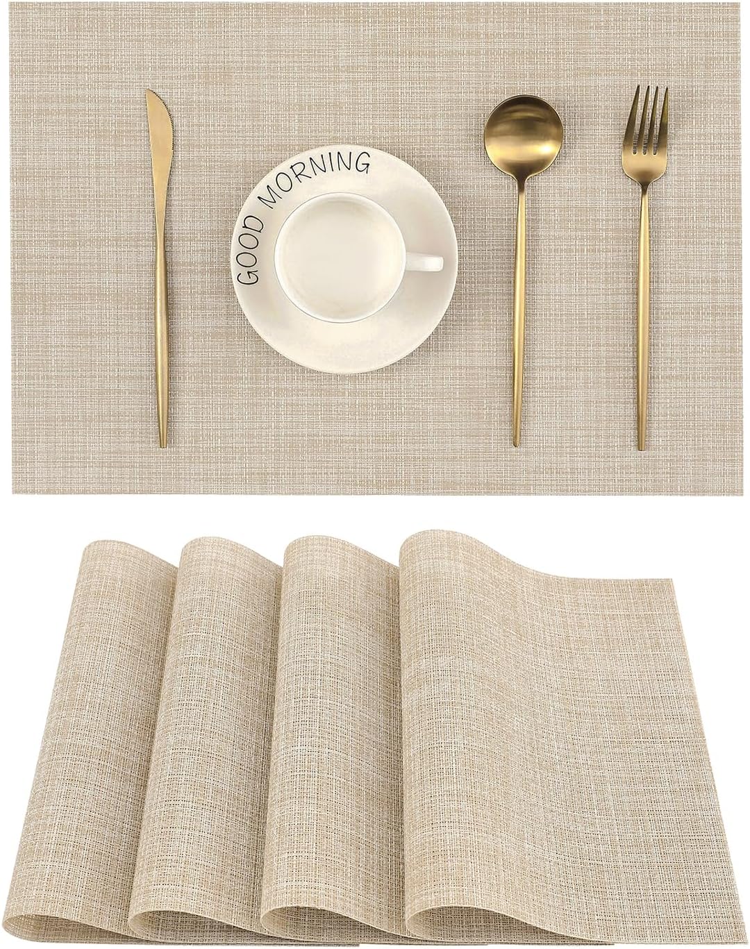 Beige Woven Vinyl Placemats, Set of 4, Heat-Resistant and Washable