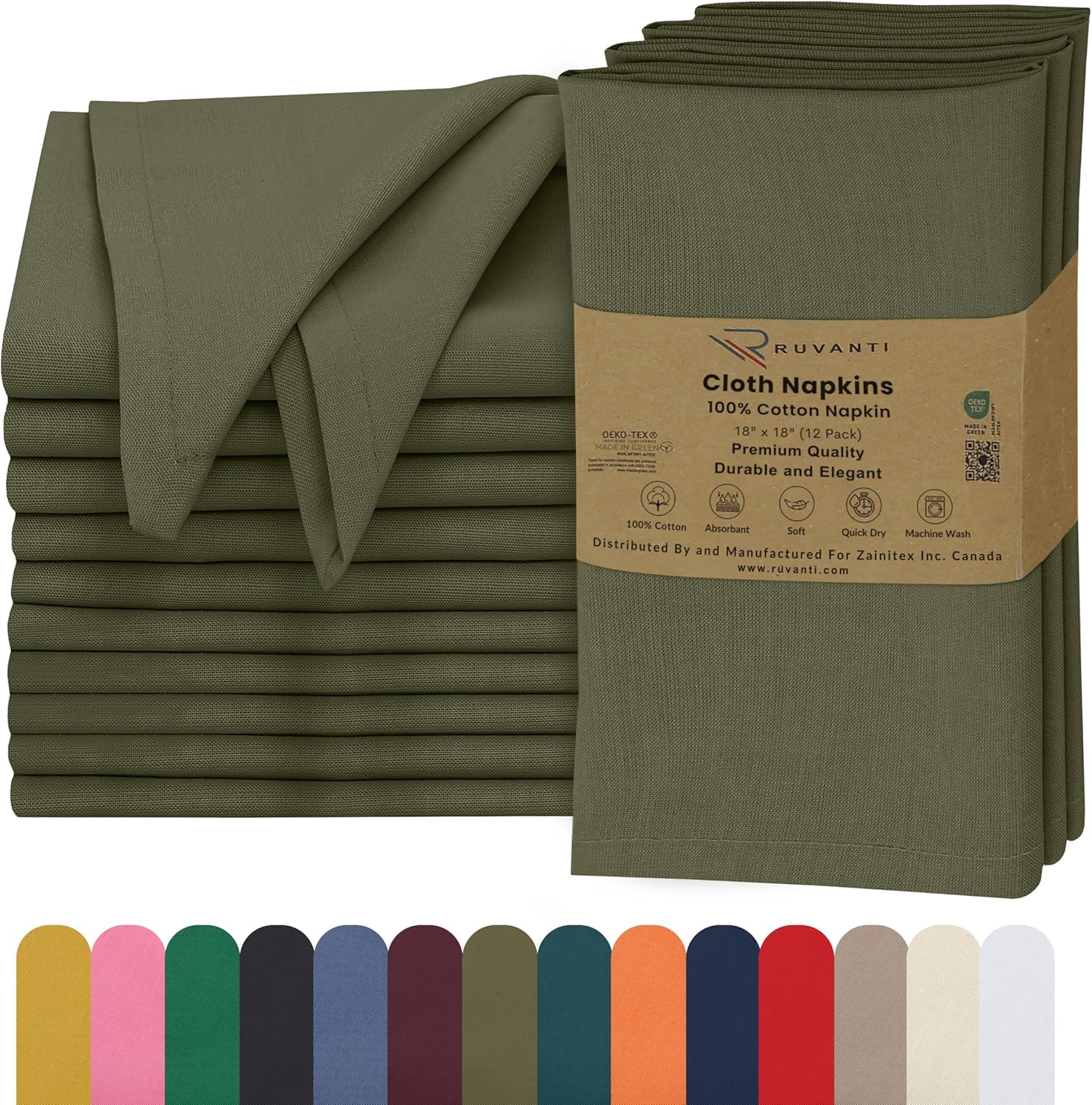 Ruvanti Cotton Cloth Napkins, Set of 12, 18 x 18 Inch, Olive