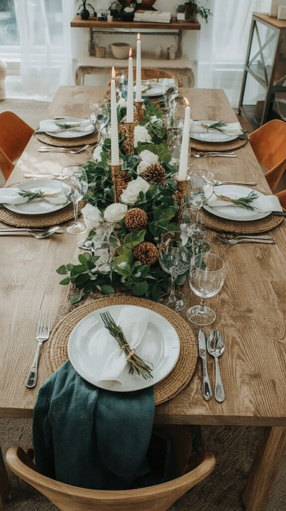 Wooden chargers and bowls adding rustic warmth to a dining table