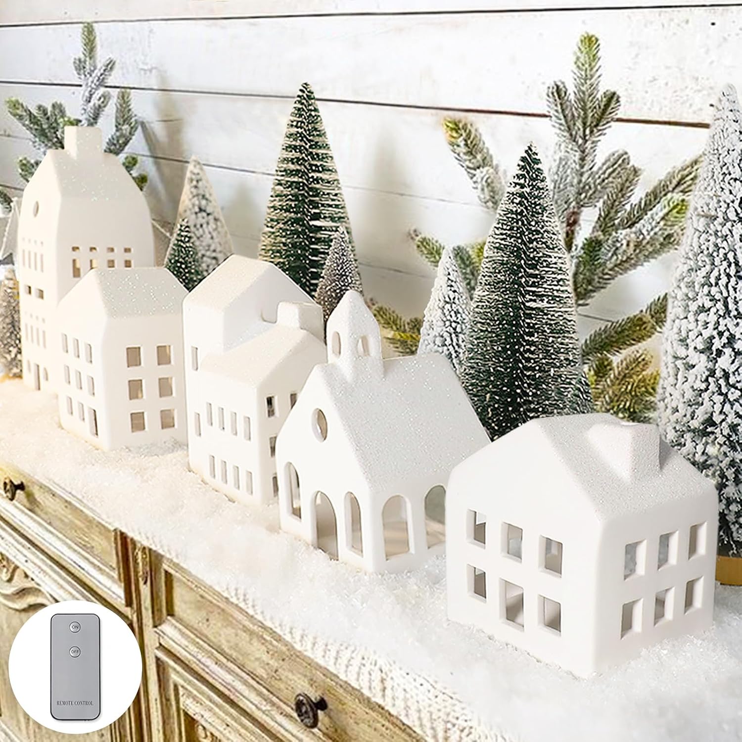 Christmas Decorations, Village Sets of 5 Lighted Ceramic Houses and 9 Trees