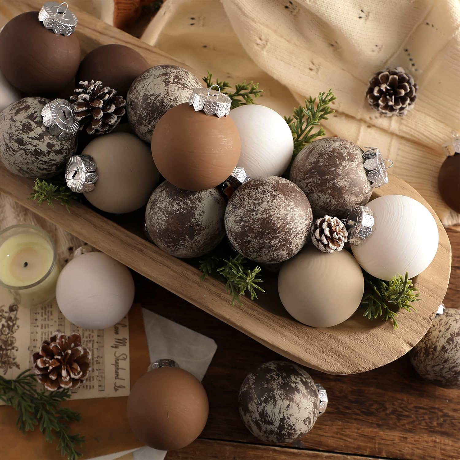 24 Pcs Matte Neutral Textured Christmas Ball Ornaments, 2.36 Inch, Brown Vintage Rustic