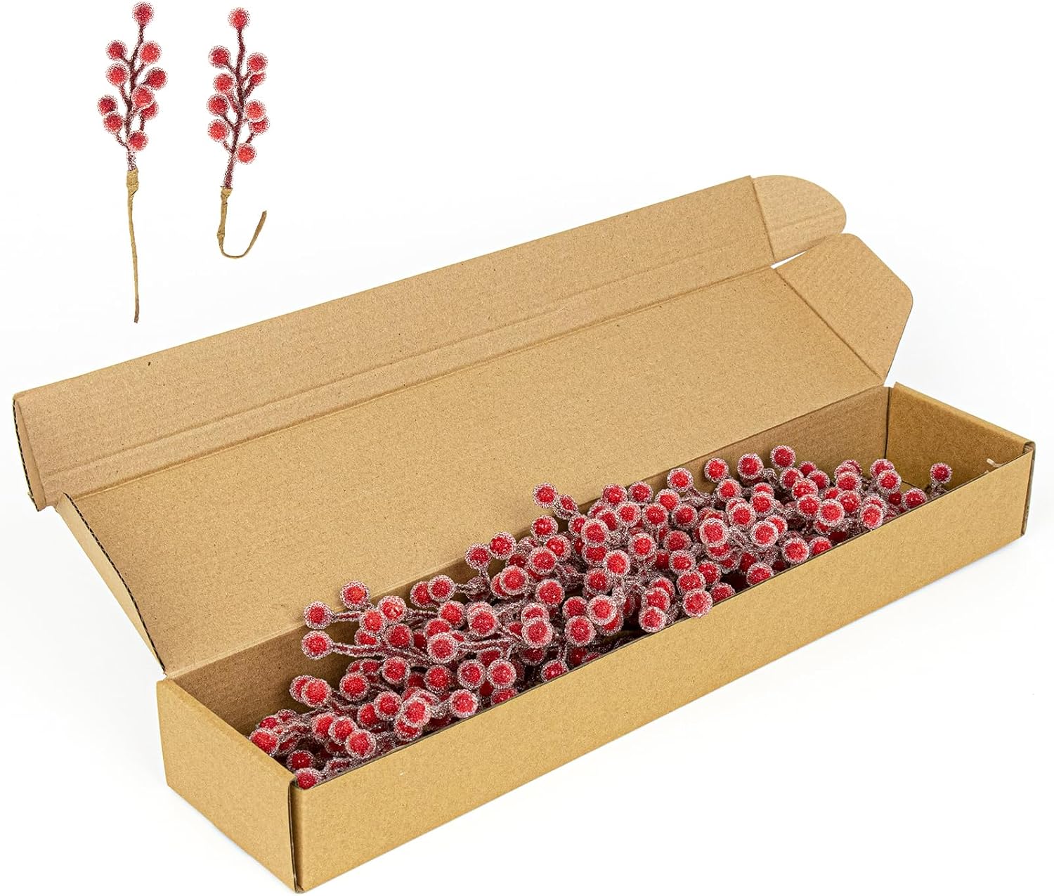 LLZLL 32 Pack Frosted Berry Stems for Christmas Tree, 6.5 Inch Artificial Red Berries
