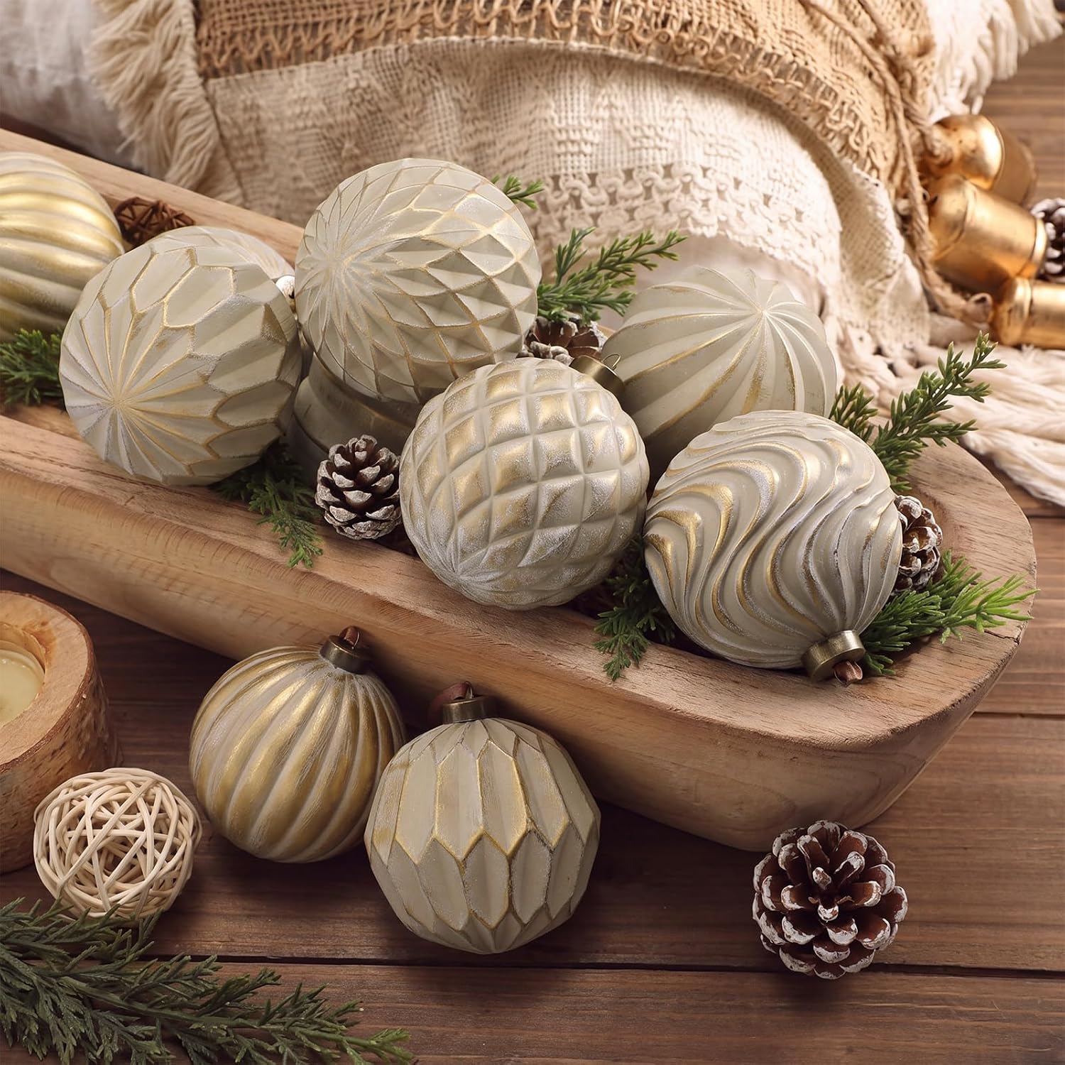 Seenelling 6 Pcs Neutral Textured Christmas Ornaments, 4 Inch, Ivory White Gold