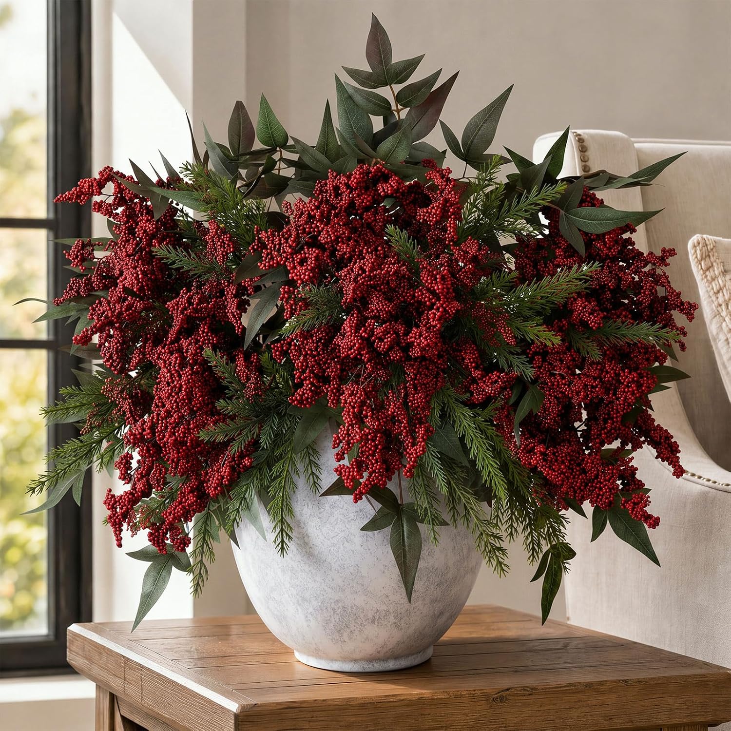 RattanView 16 Pcs Christmas Red Berry Stem Branches with Cedar Pine, 18.5 and 11 Inch