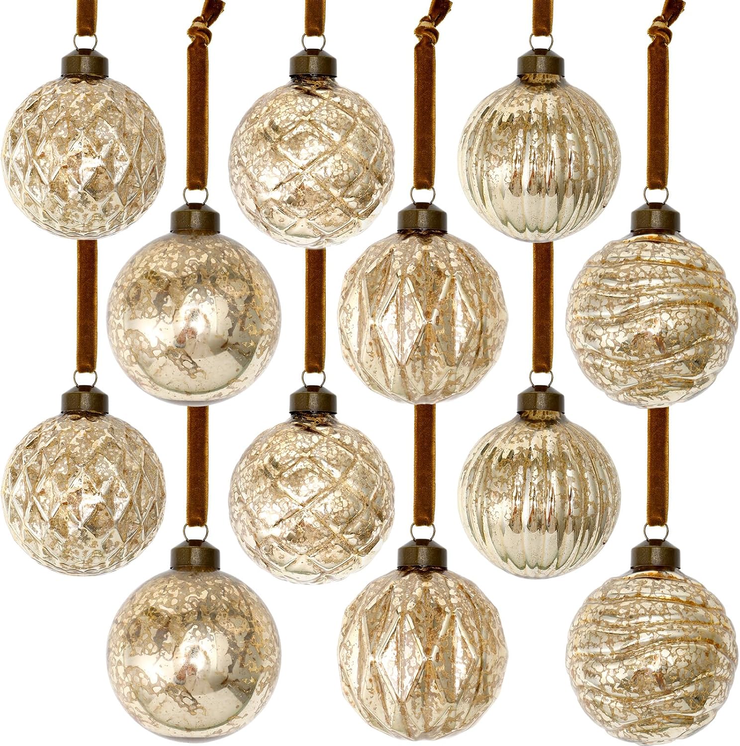 Soulchen 12 Pcs Mercury Glass Christmas Ornaments, Gold, Round Balls