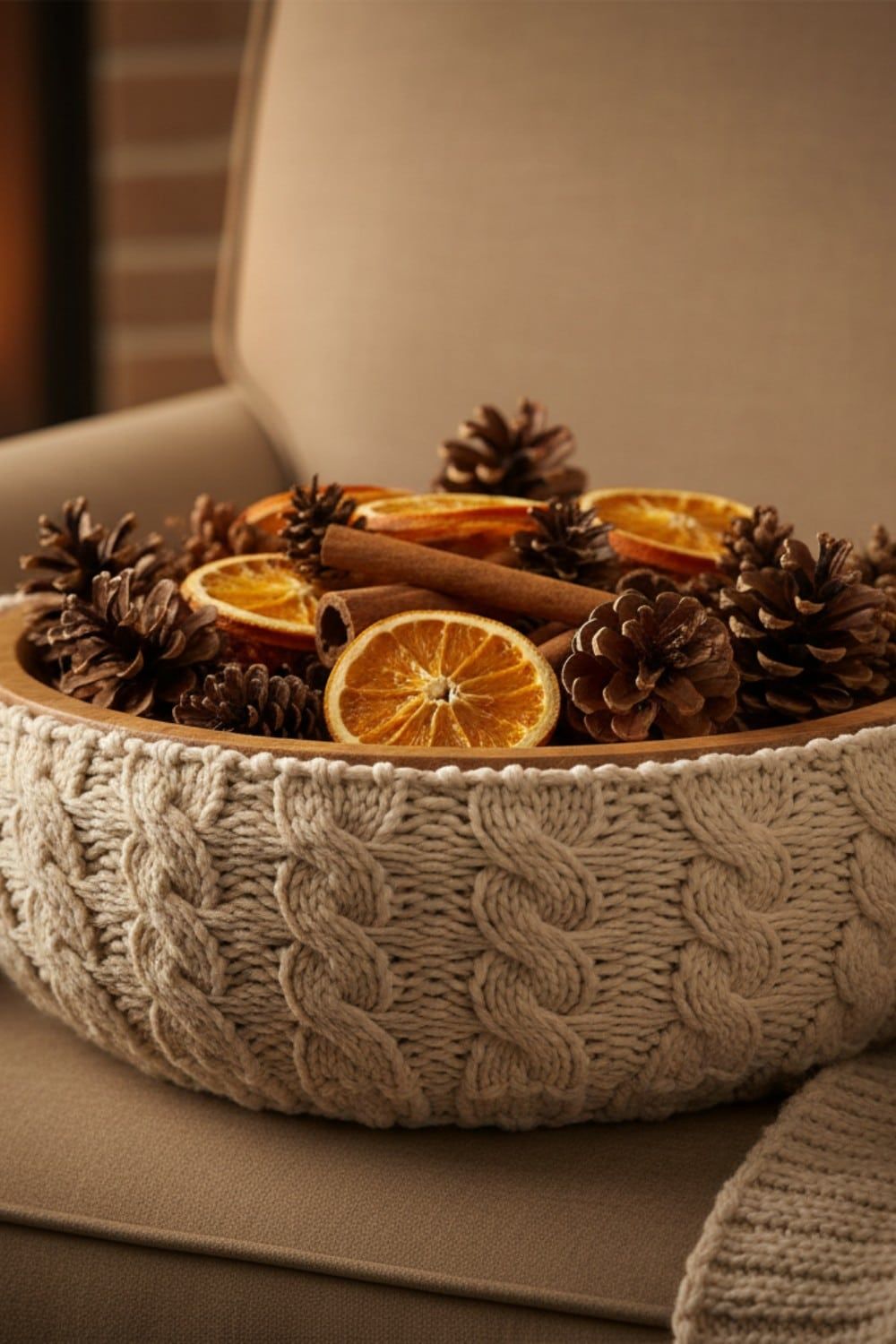 Wood dough bowl wrapped in a chunky cream knit cover and filled with pinecones, dried orange slices and cinnamon sticks