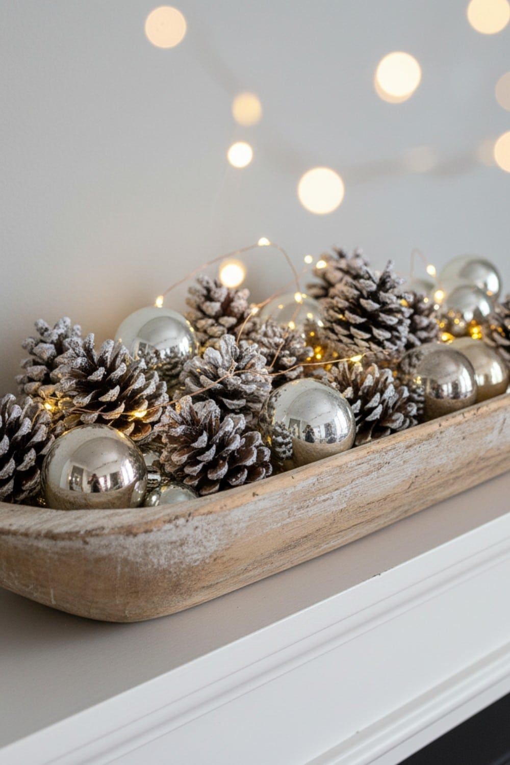Light wood dough bowl filled with frosted pinecones, silver mercury ornaments and a strand of warm fairy lights on a mantel