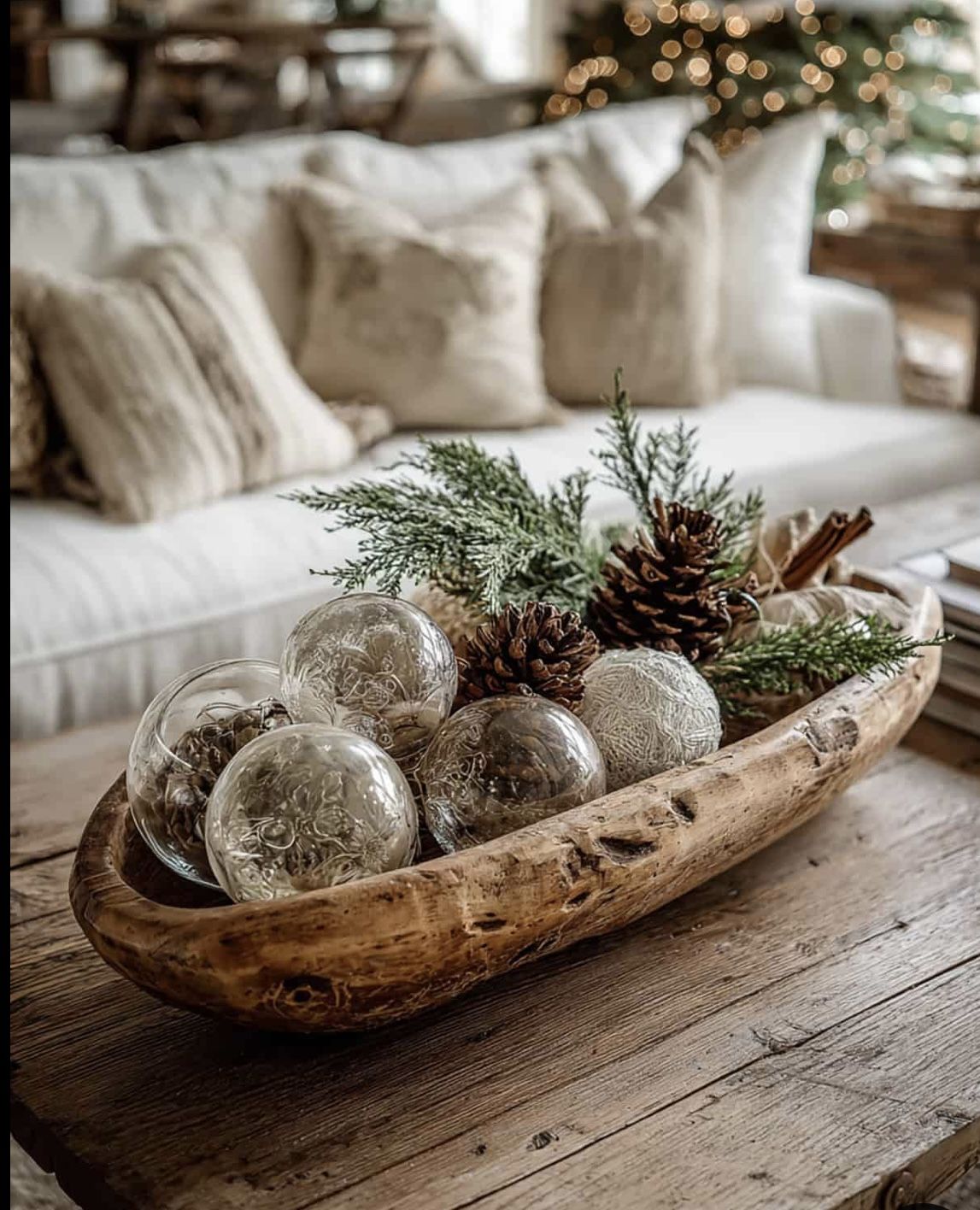 Glass ornaments, pinecones and cinnamon sticks in a raw-edge dough bowl on a coffee table with a cozy sofa and Christmas tree lights behind it