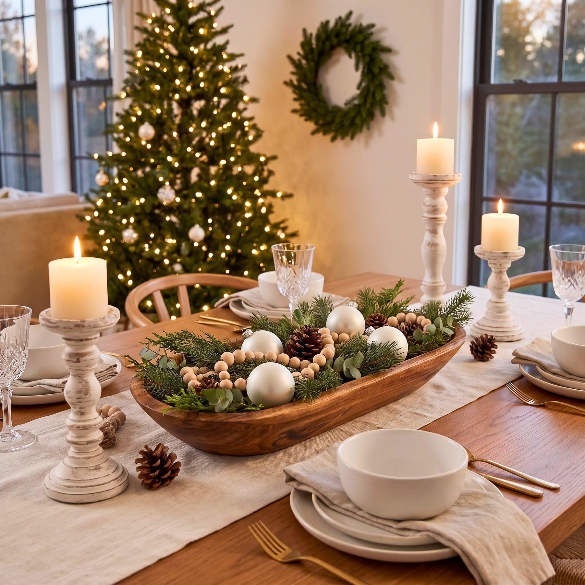 Dough bowl centerpiece with white ornaments, wood beads, pine and eucalyptus on a dining table with cream candlesticks and a lit Christmas tree