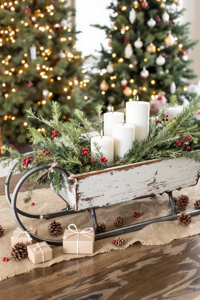 White distressed wood sled filled with lit pillar candles, evergreen and red berries beside wrapped gifts and a lit Christmas tree