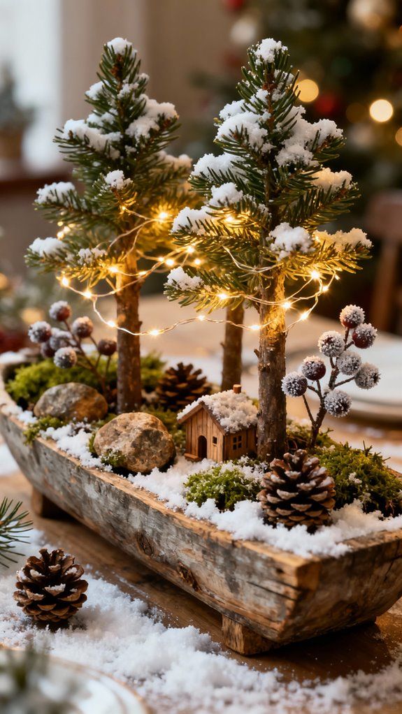 Miniature winter woodland scene in a dough bowl with snow-flocked trees, fairy lights, moss, rocks, a tiny wood house and pinecones