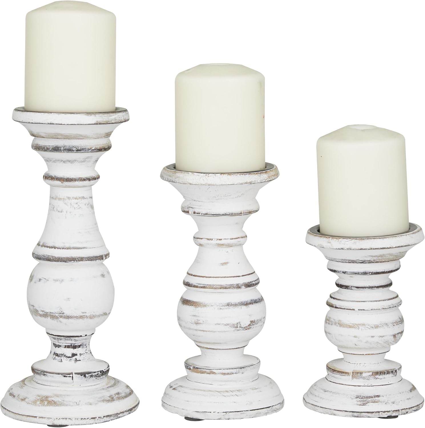Deco 79 Mango Wood Turned Pillar Candle Stand, Set of 3